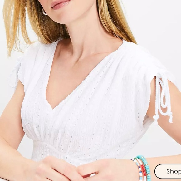 NWT LOFT S White Textured V Neck Romantic Prairie Cottagecore Boho Hippie Dainty - Picture 3 of 15